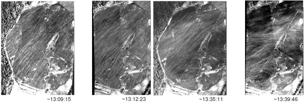 Imgenes infrarrojas trmicas de un campo que muestran patrones rayados que cambian en unos pocos minutos. 
<i>Crdito: NASA/Marshall y GHCC.</i>
