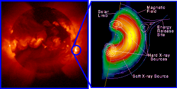 Anatoma de una erupcin solar observada por el Telescopio de Rayos X Dbiles (poco energticos) Yohkoh. Haga clic <a href=http://science.nasa.gov/newhome/headlines/images/solar/fd-close.gif target=_blank><u>aqu para ampliar la imagen a 720x432 pxel, 85 KB, GIF.</u></a>
<i>Imagen: equipo grfico del Yohkoh y NASA/Goddard.</i>
