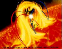 Una representacin artstica muestra una erupcin solar que evoluciona hacia una Eyeccin de Masa Coronal. Los diagramas color-color pueden ayudar a los cientficos a predecir qu erupciones evolucionarn hacia Eyecciones de Masa Coronal (EMCs o CMEs, siglas en ingls de Coronal Mass Ejections) potencialmente peligrosas, y cules se disiparn de nuevo en la atmsfera solar. Haga clic <a href=http://science.nasa.gov/newhome/headlines/images/solar/rons_flare.jpg  target=_blank><u>aqu para ver la imagen en 930?730 pxel, 90 KB, JPG.</u></a> 
<i>Imagen: NASA/Centro de Vuelo Espacial Marshall.</i>
